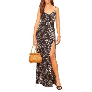 Reformation Womens Harlowe Maxi Dress Floral-Print Crepe V-Neck Black Size 10
